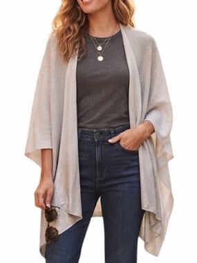 RW&CO Silver Draped Open Front Ruana Poncho Shawl OS